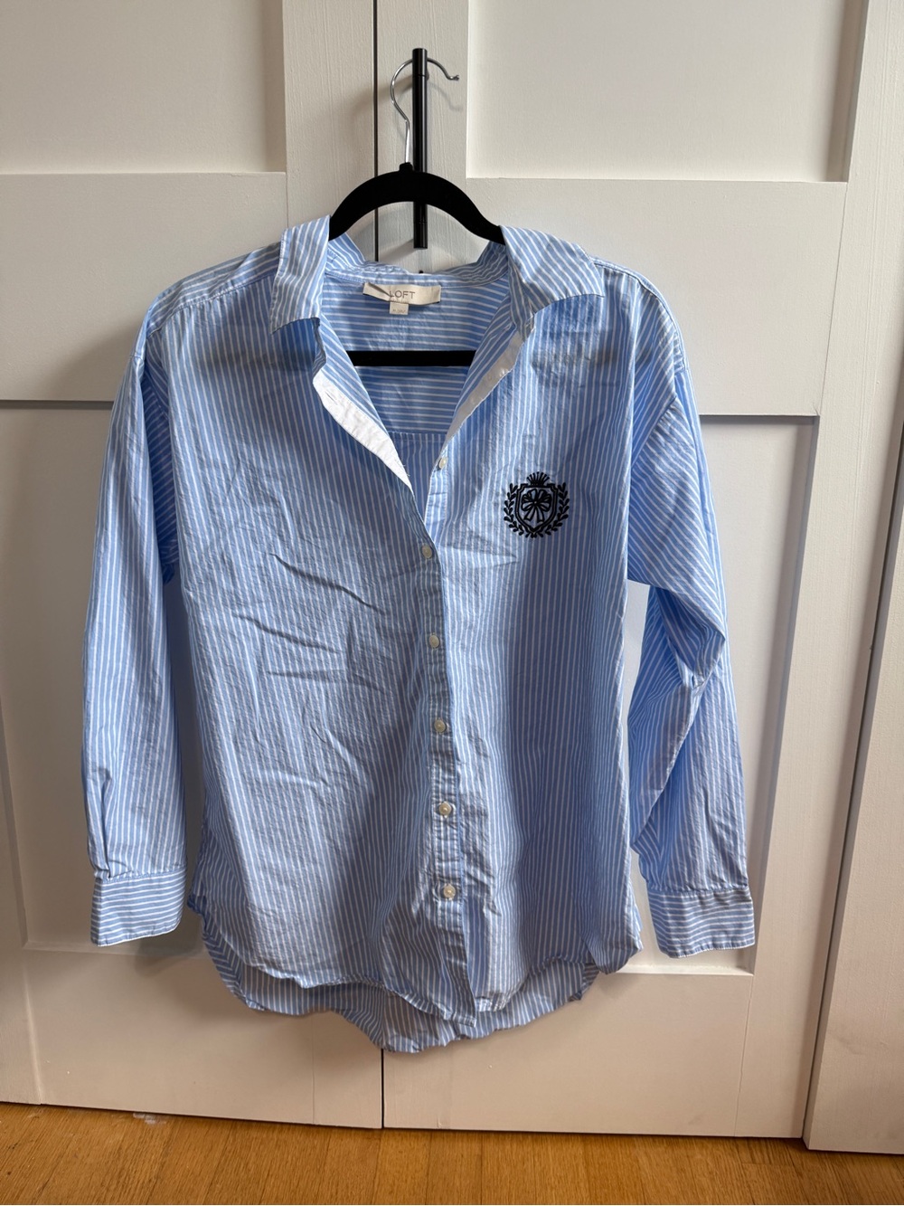 LOFT Light Blue and White Striped Button-Up Shirt